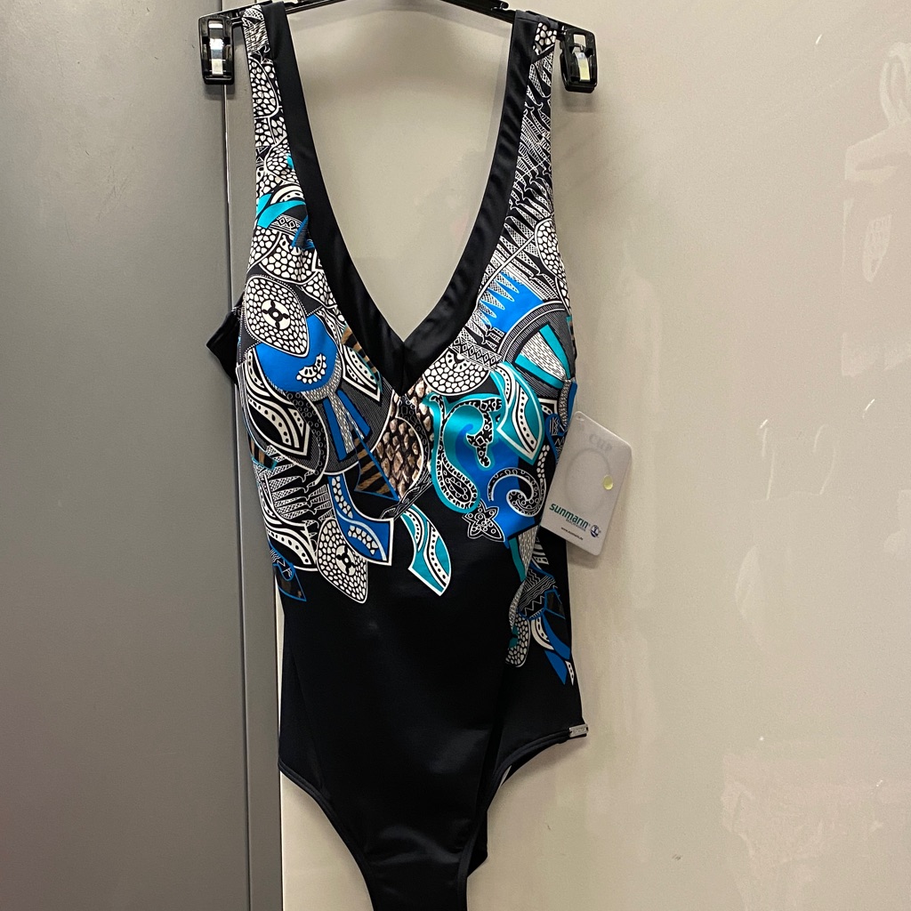 Black And Blue Patterned Swimsuit. Size 18 C-Cup